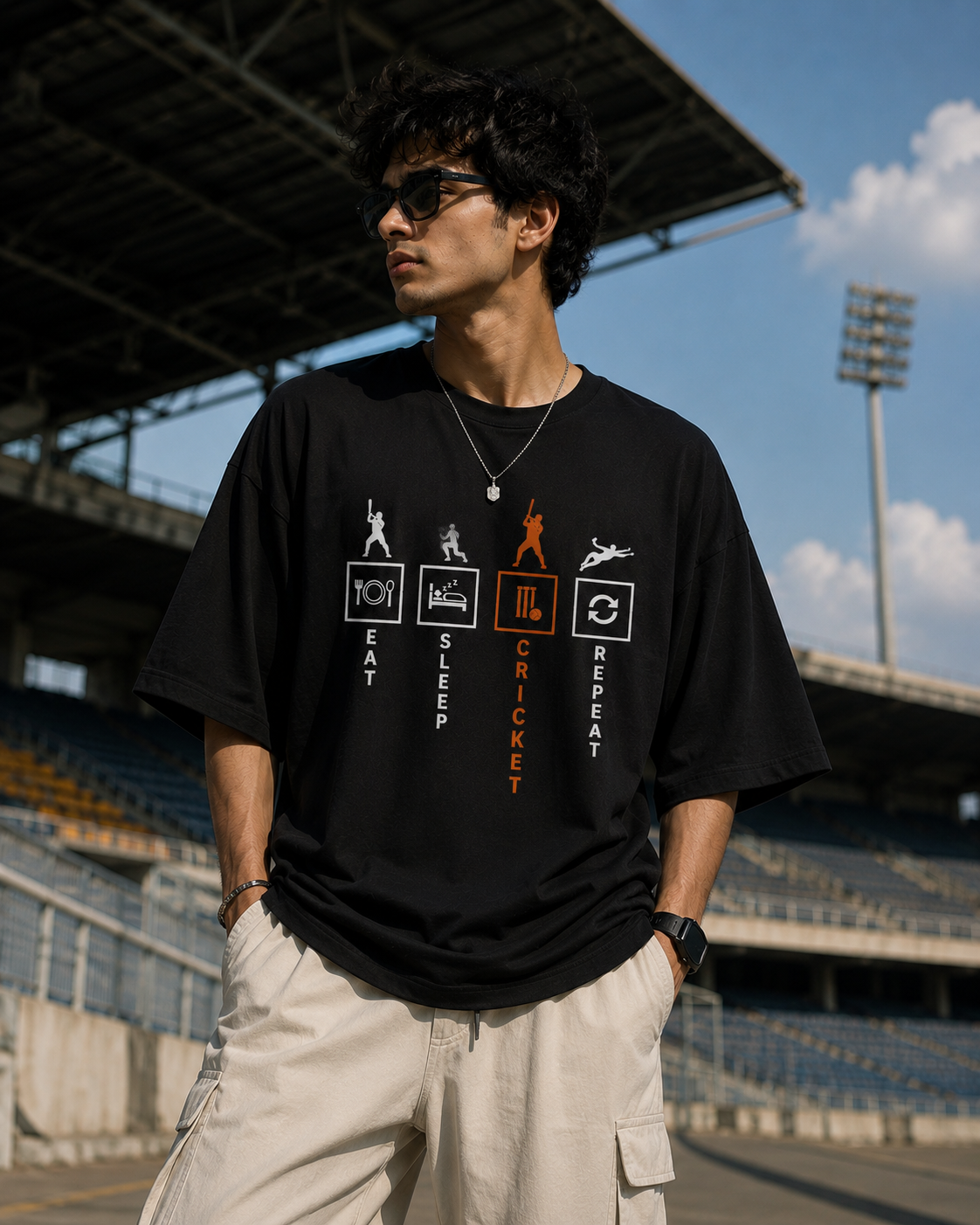 Men's Eat Sleep Cricket Repeat Oversized T-Shirt