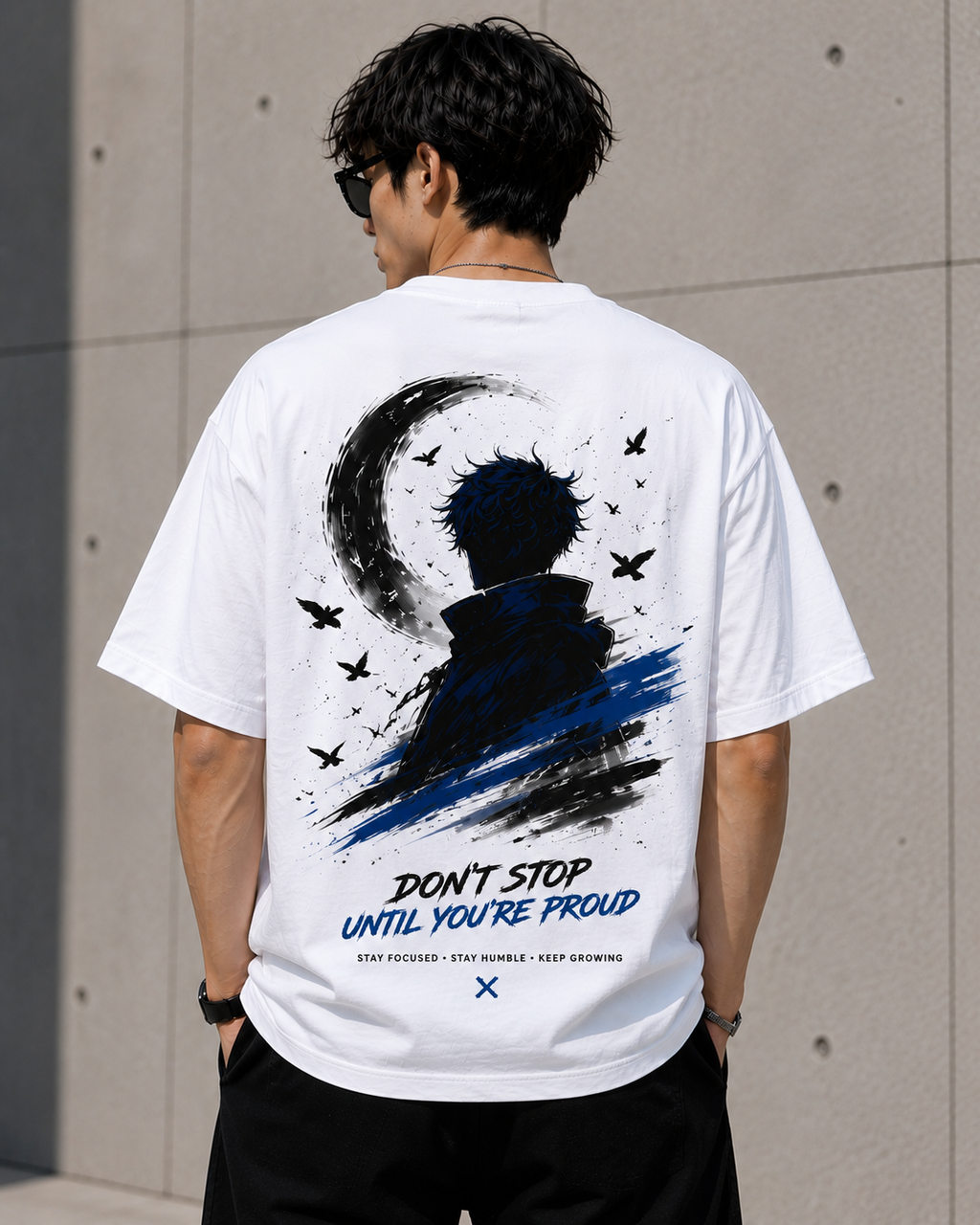 Men's Don't Stop Until You're Proud Anime Graphic Oversized White T-Shirt