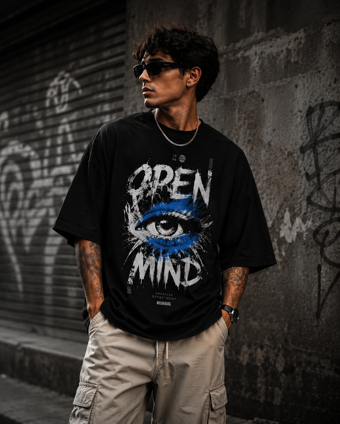 Men's Open Mind Eye Graphic Oversized Black T-Shirt